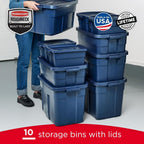 Rubbermaid Roughneck Tote Variety - |Made in the USA| Dark Indigo Metallic, Rugged Plastic Stackable Storage Tote with Lid and Handles (Pack of 10)