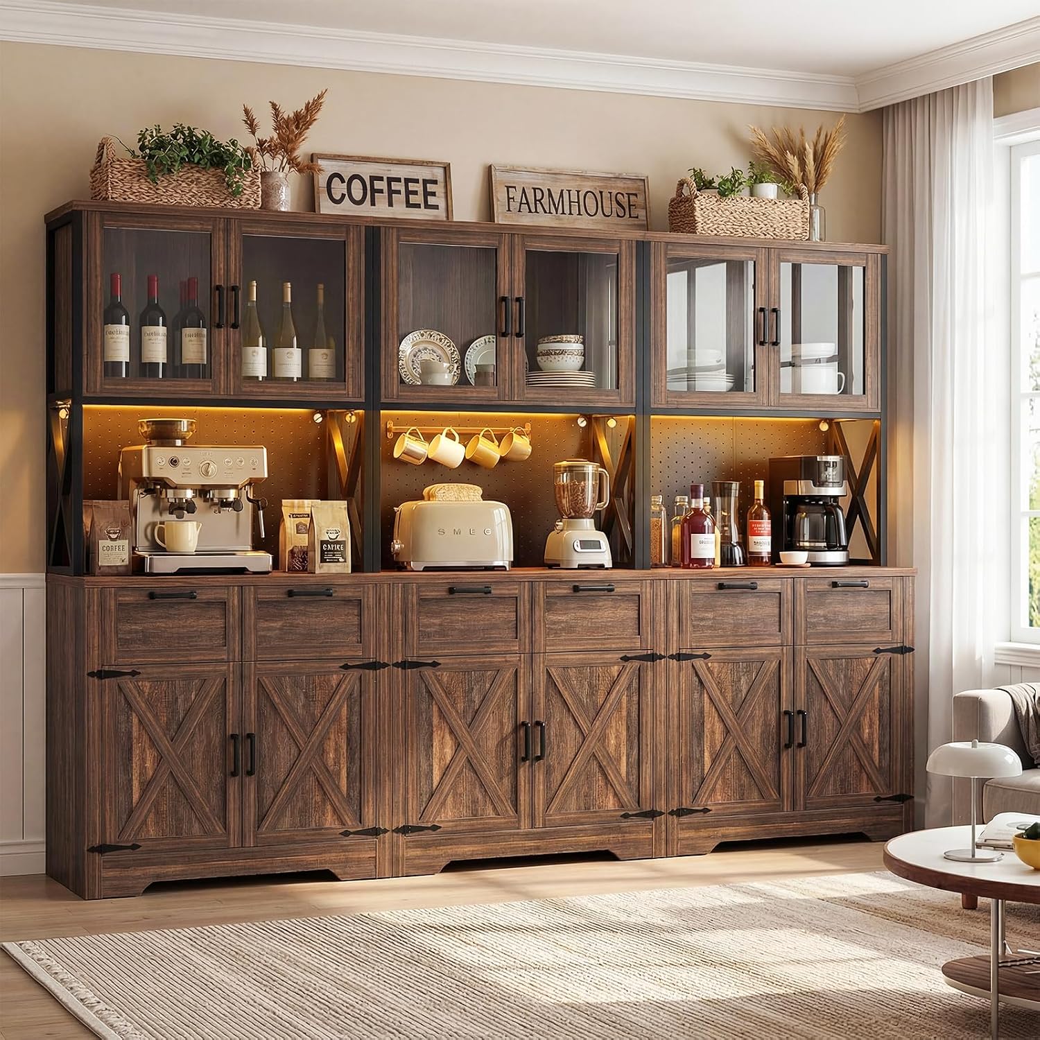 Unikito 94.5" Wide Kitchen Pantry Cabinet with 3 Power Outlets & LED Light, 71" Tall Large Kitchen Hutch with Countertop, DIY Pegboard with 18 Hooks & 6 Drawers, Farmhouse Food Pantry, Weathered Brown