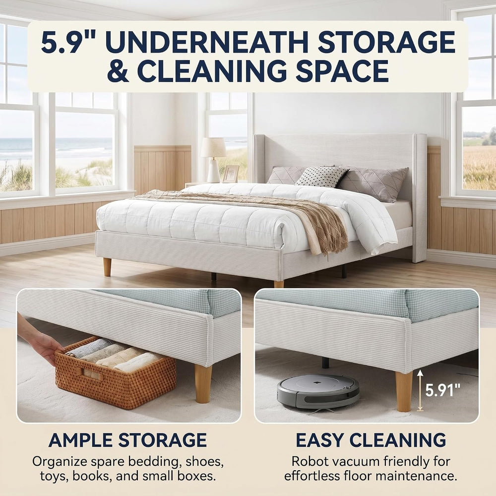 Full Corduroy Upholstered Platform Bed with Headboard Wingback, Cream