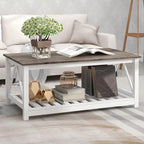 Farmhouse Coffee Table for Living Room, 2-Tier Rectangular Wooden Centre Cocktail Table with Slats Shelf Storage and V-Shaped Frame, Oak Grey