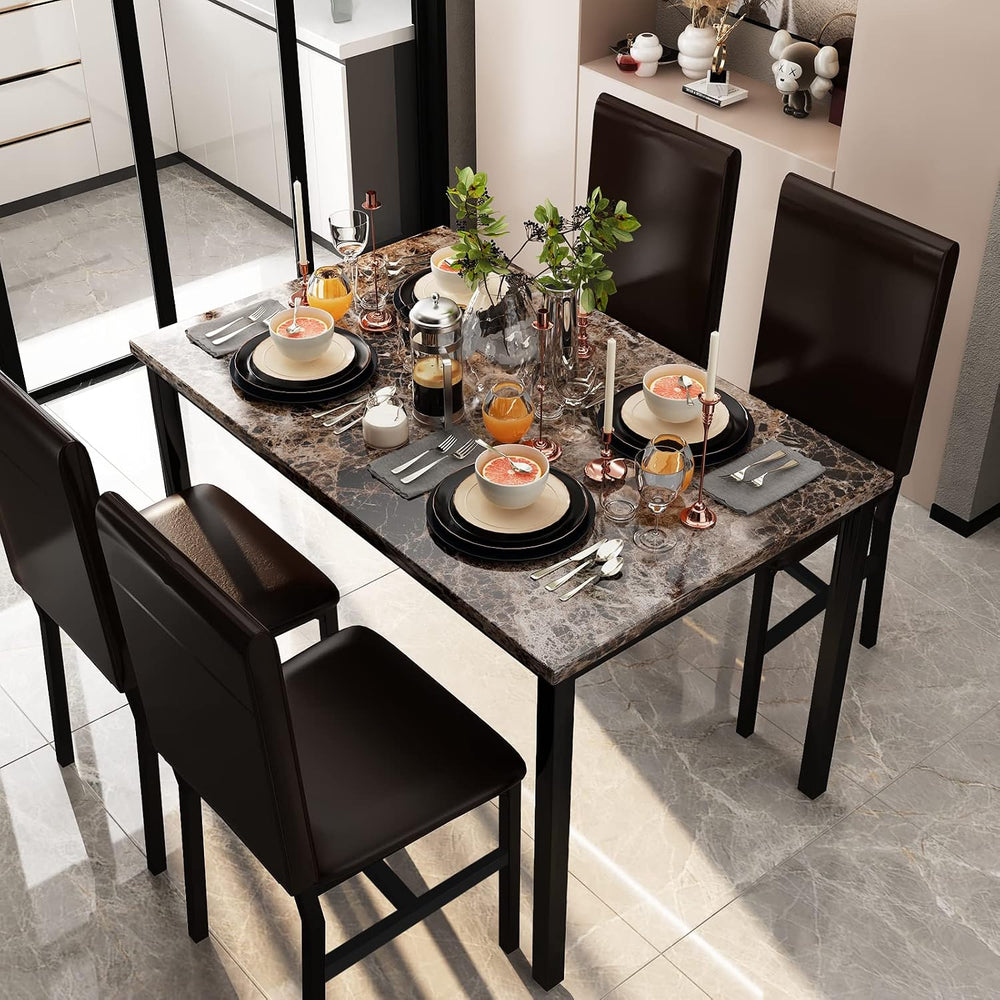 Lamerge Dining Table Set for 4, Faux Marble Table and 4 PU Leather Chairs, Ki...