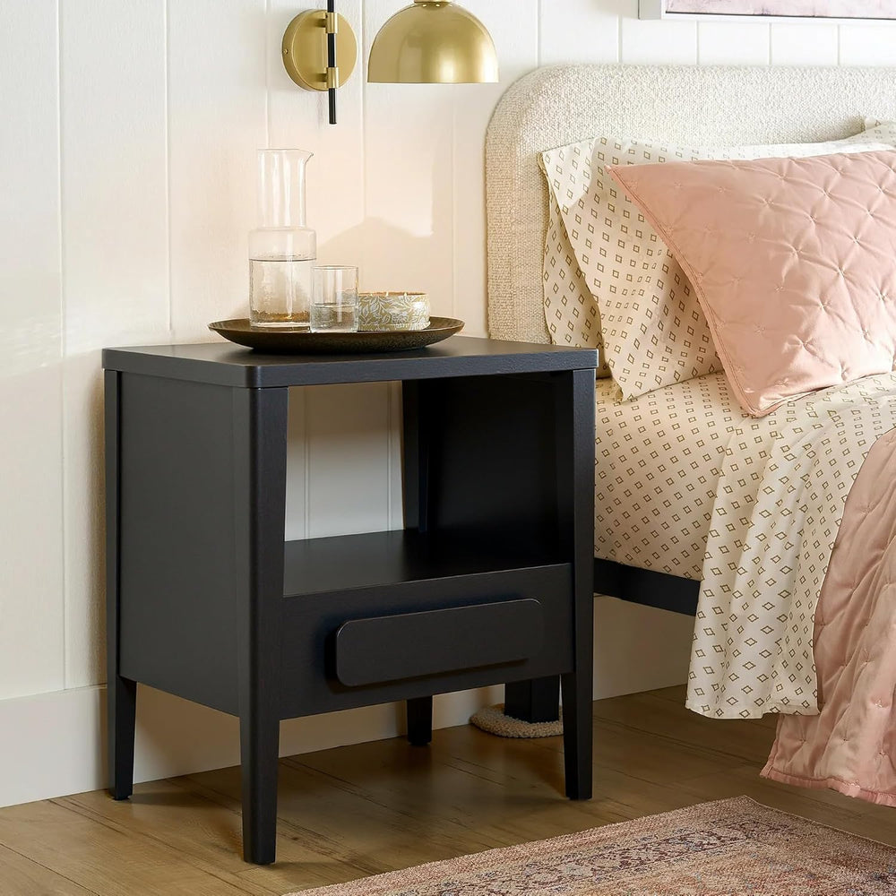 Modern Nightstand, Sustainable Hevea Premium Solid Wood Frame - Bedside Table...