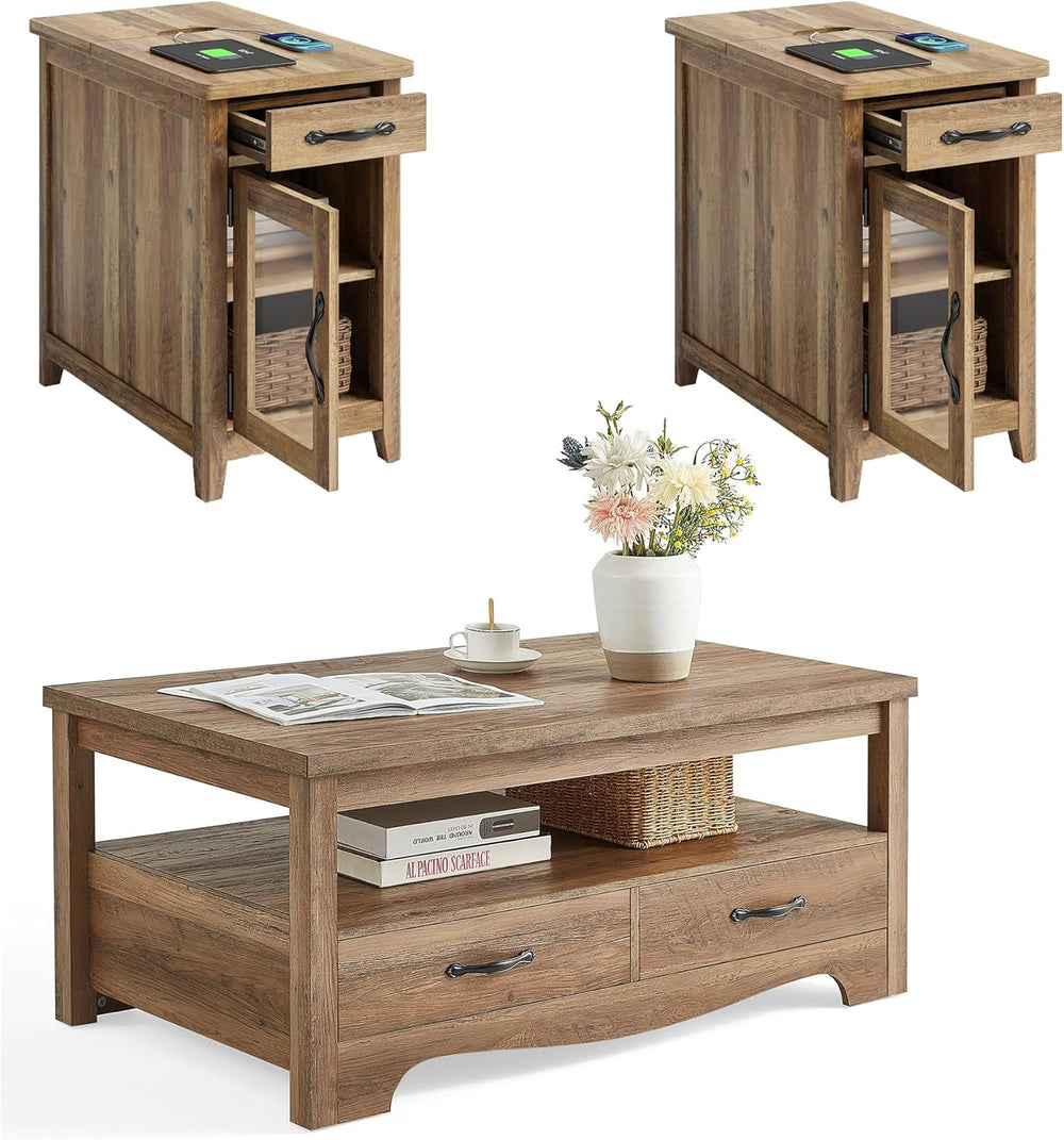 LINSY HOME Farmhouse Coffee Table Sets 3 Pieces, Wood Living Room Table Set I...