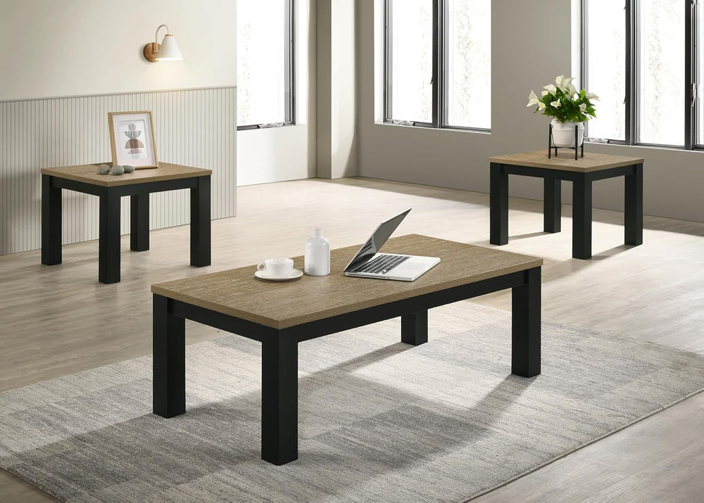Brown Black 3-Piece Living Room Table Set Table Top Cocktail Table and Two