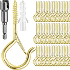 96 PCS Q-Hanger Hooks, Screw Hooks for Outdoor String Lights, Safety Buckle Design Cup Eye Hook for Hanging Christmas Lights, Plants, Mounted on Wall Ceiling, Include 1 Wing Nut Driver, Gold