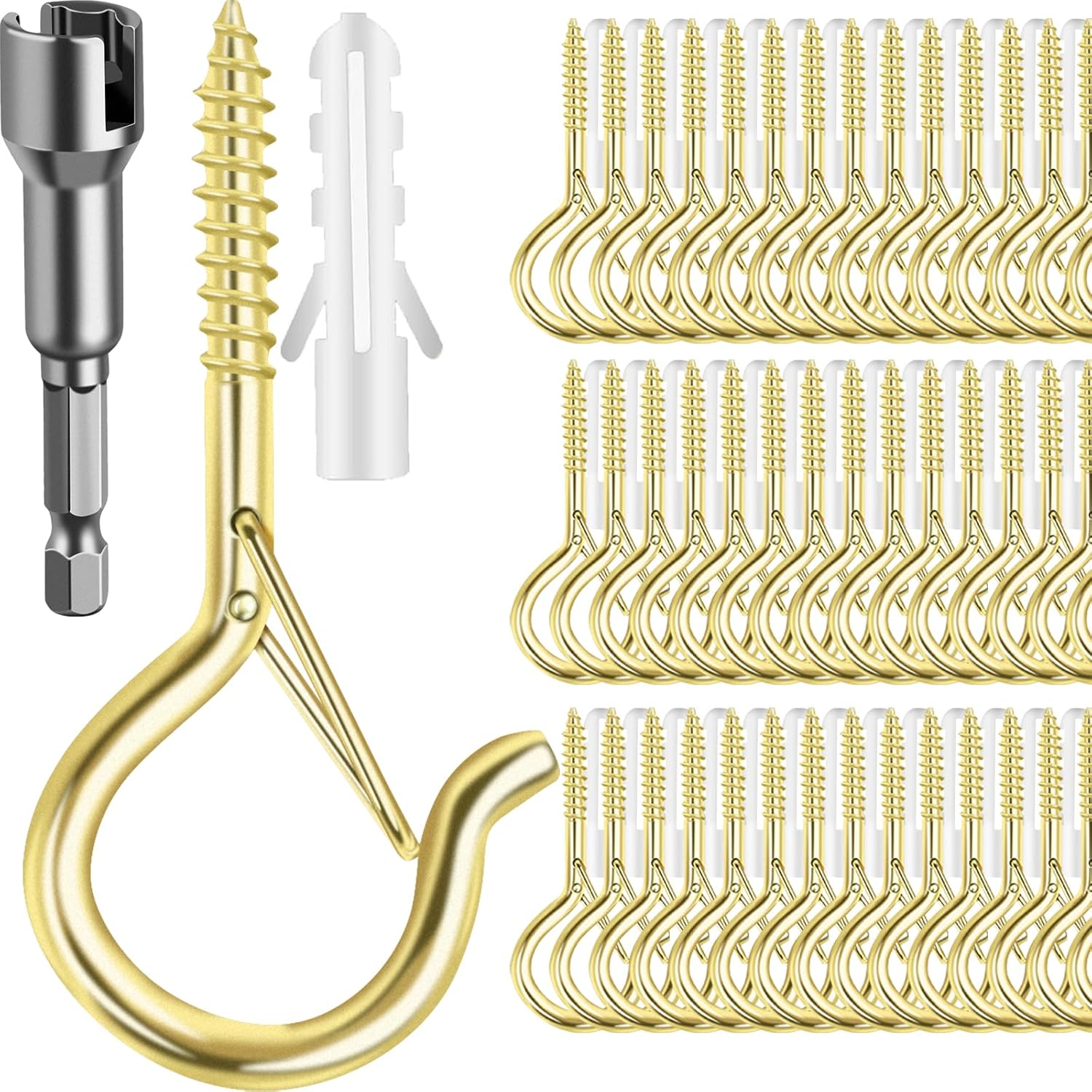 96 PCS Q-Hanger Hooks, Screw Hooks for Outdoor String Lights, Safety Buckle Design Cup Eye Hook for Hanging Christmas Lights, Plants, Mounted on Wall Ceiling, Include 1 Wing Nut Driver, Gold