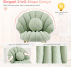 VINGLI Shell-Shaped Teddy Fleece Accent Vanity Chair with Back,Comfy Green and Gold Desk Chair No Wheels,Cute Small Pearl Deco Pillow,Gift for Girls/Women,for Makeup,Office,Dining,Nail,Sewing,Bedroom
