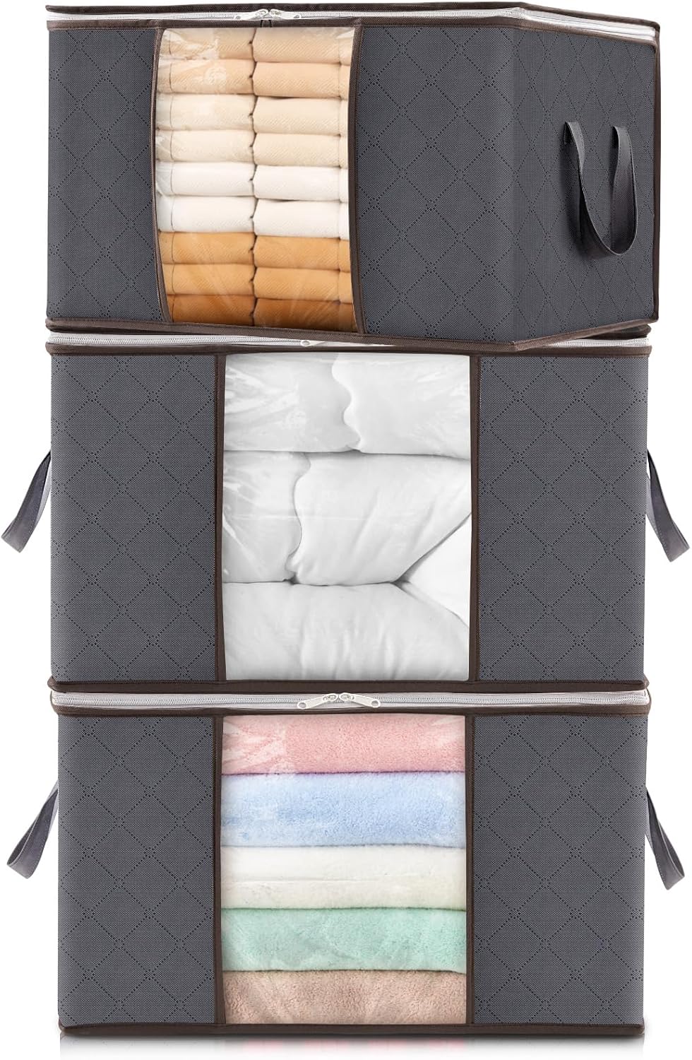 Lifewit 3 Packs Clothes Storage Bag, Storage Bins for Clothes, Blankets, Comforters, Foldable Clothing Storage with Reinforced Handle, Sturdy Zipper, Closet Organizer With Clear Window, Gray
