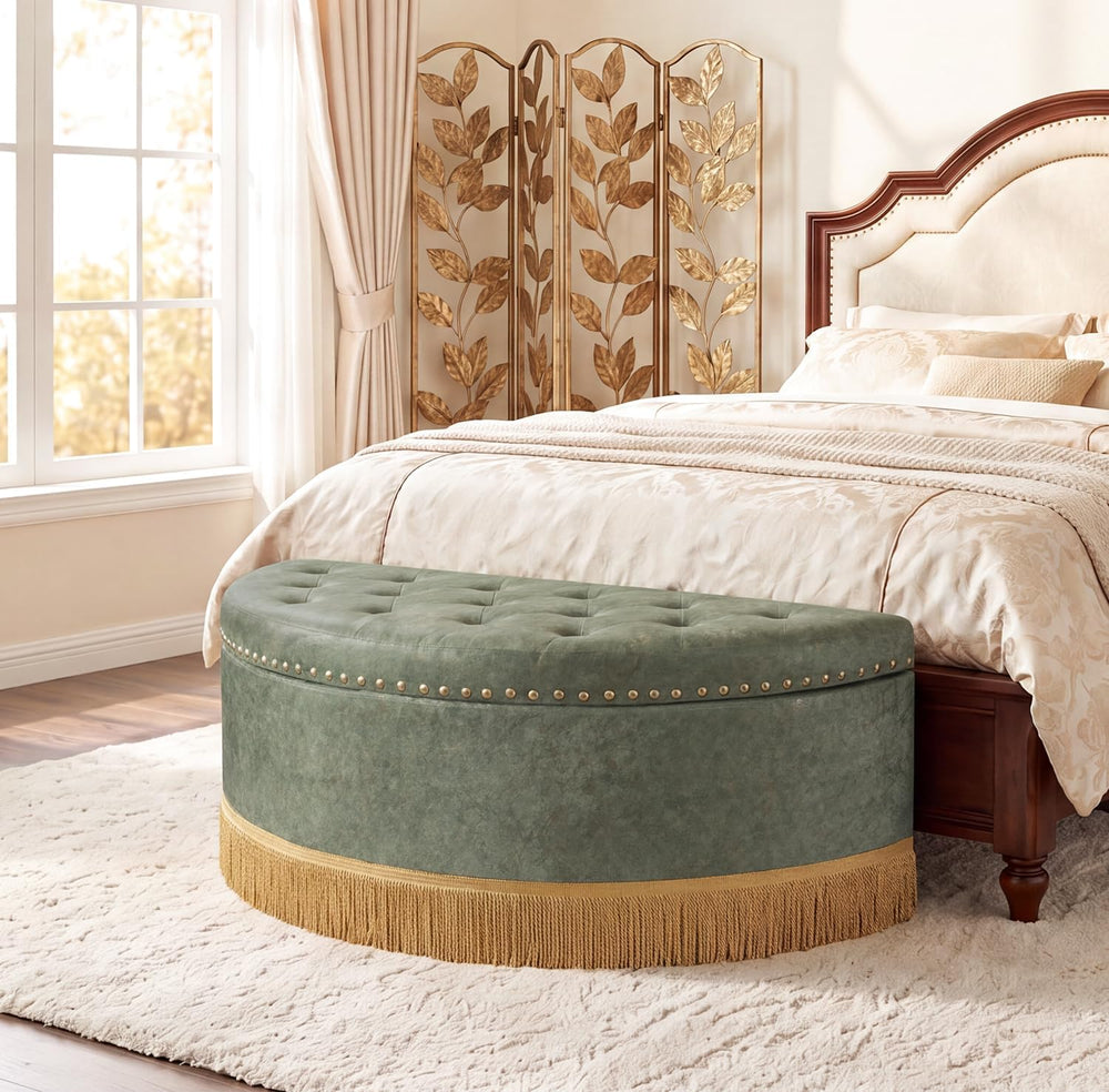 Homebeez 43.3" Half Moon Ottoman, Velvet Tufted Upholstered Footstool, w...