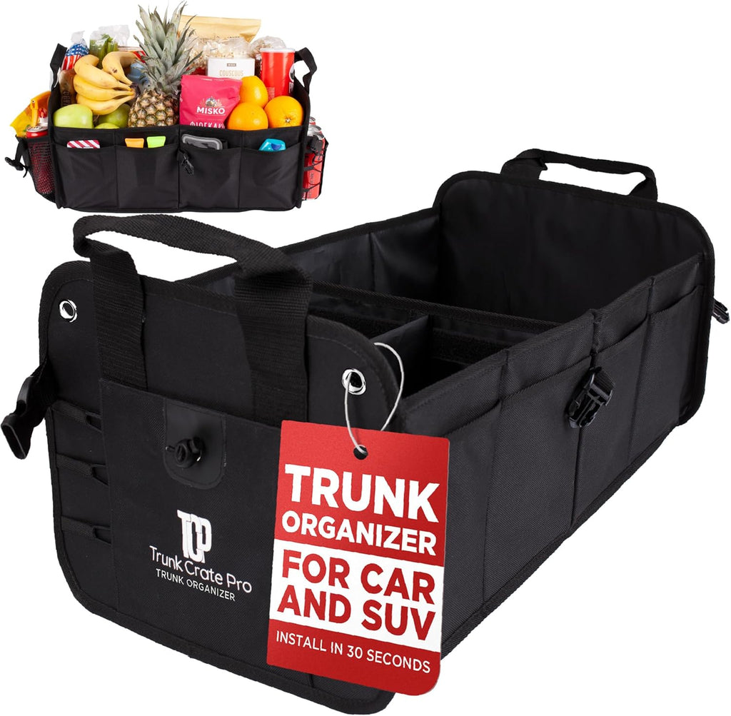 TRUNKCRATEPRO Car Organizers and Storage Premium Adjustable Multi Compartments Car Storage Organizer | Portable and Foldable SUV Trunk Organizer for Car (Standard Size, 20.86"L x 13.4"W x 10"H )-Black