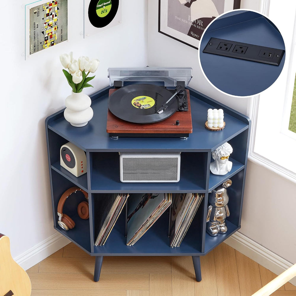 Corner Record Player Stand with Charging Station & USB Ports, 3 Tier Mid ...