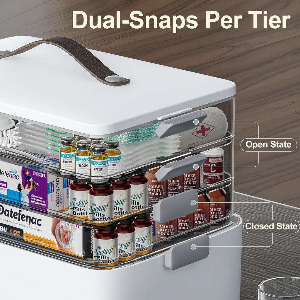 CTIME 4-Tier XL Medicine Organizer with Leather Handle - Portable Pill Case & Empty First Aid Kit for Home, Travel, RV, School, Dorm | Ideal Elderly Gift