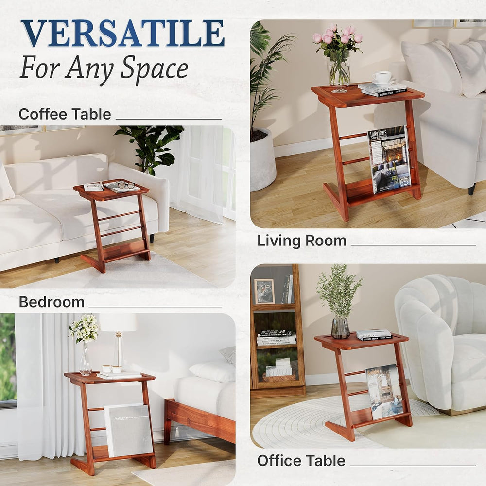 C-Shaped End Table for Couch, Acacia Wood Sofa Side Table & Nightstand wi...