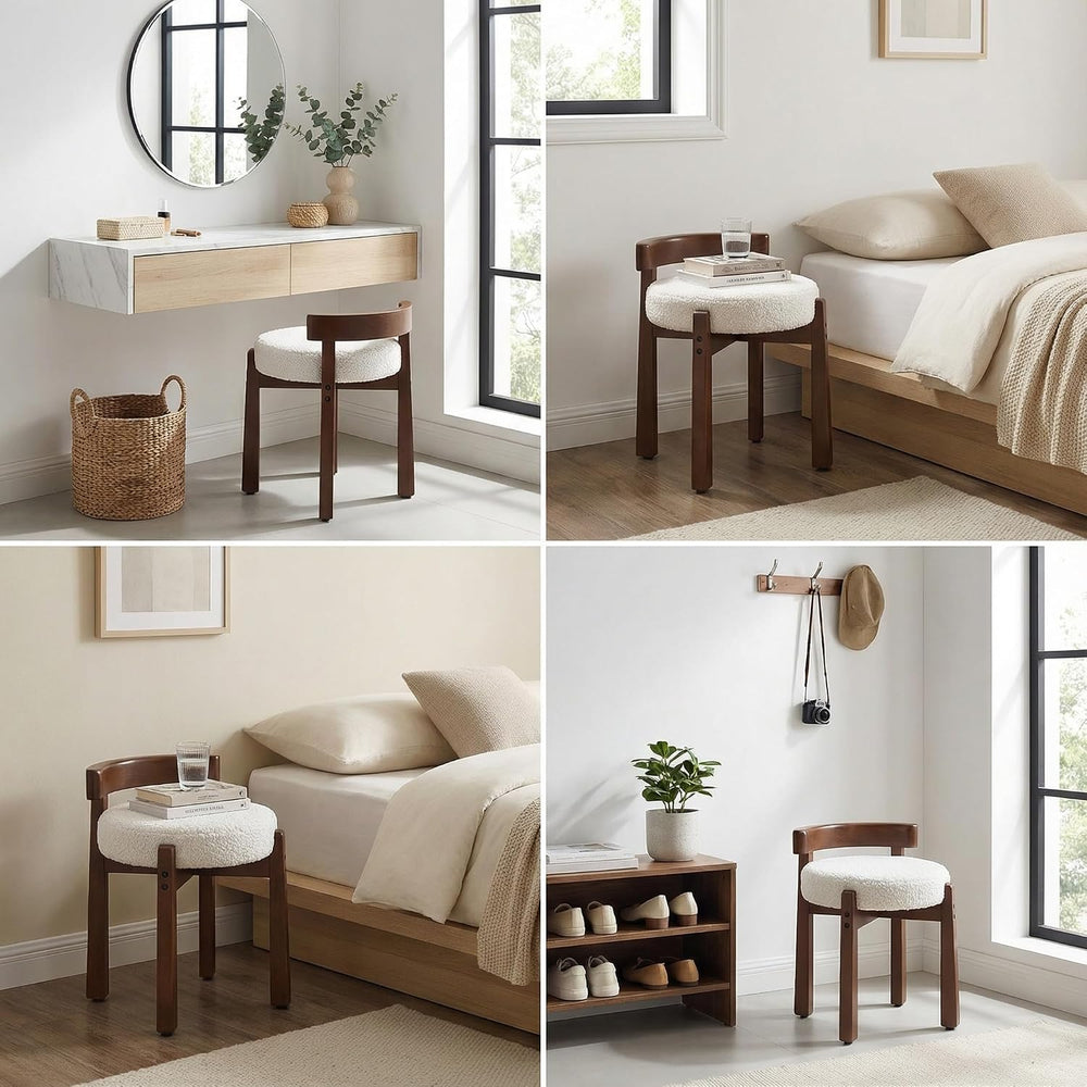 HNY Modern Boucle Ottoman : Upholstered Vanity Chair with Solid Wood Legs, Cu...