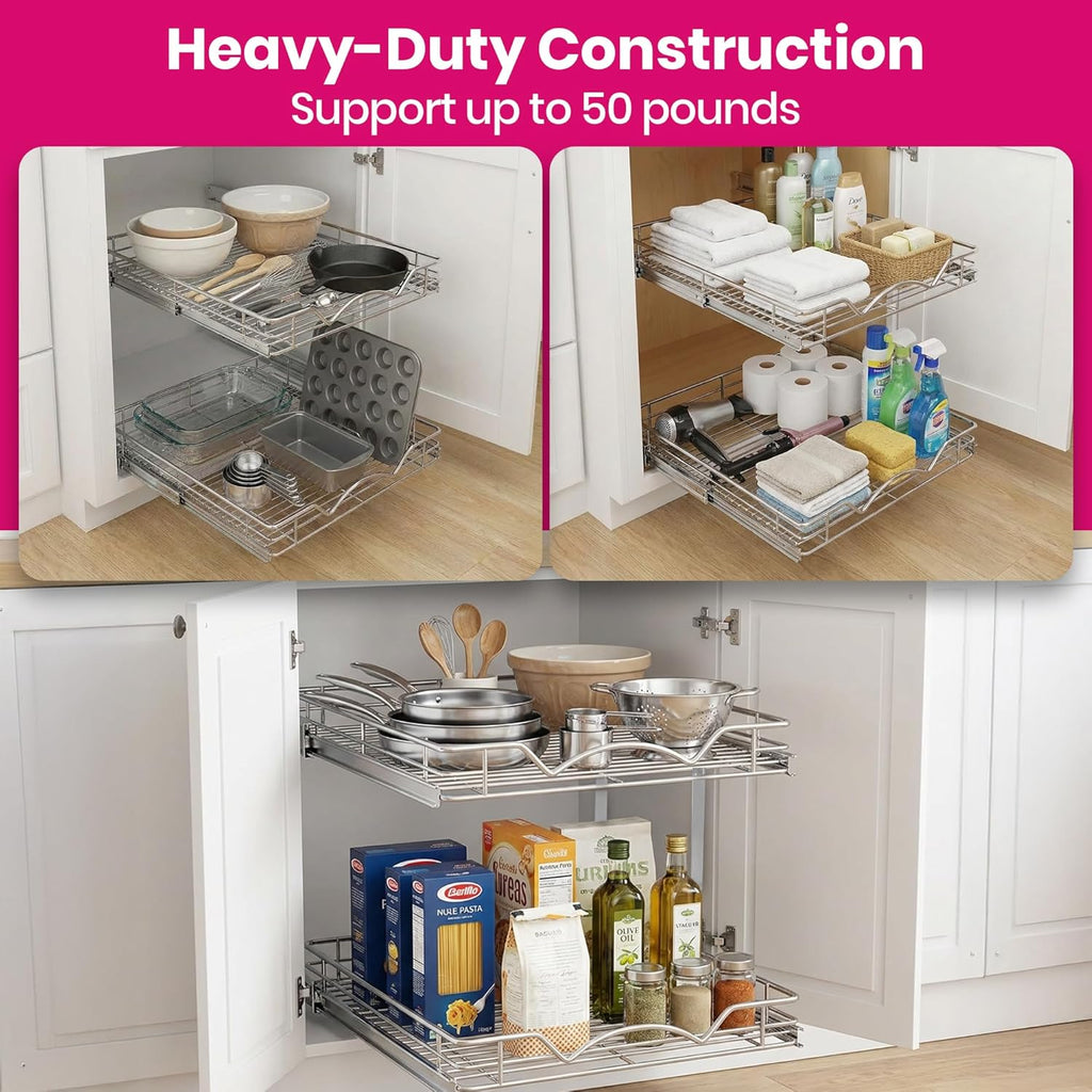2-Tier Pull-Out Cabinet Organizer for Kitchen, 22" W x 21”D x 16.5" H | Full-Extension Sliding Shelves, Holds 100 lbs, Easy Install for Kitchen, Pantry & Under Sink Cabinets