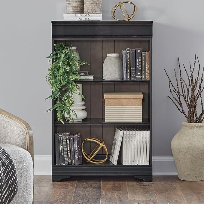 Liberty Furniture Meritage Stepped Bookcase Wall - 4 Piece Set for Home Office - Aged Charcoal w/Rub Thru & Caramel