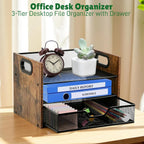 Wood Desk Organizer - 3-Tier Desktop File Organizer with Drawer, Wooden Paper Tray, Office Desk Organzier and Accessories for Papers, Mail, Notebooks, Stationery