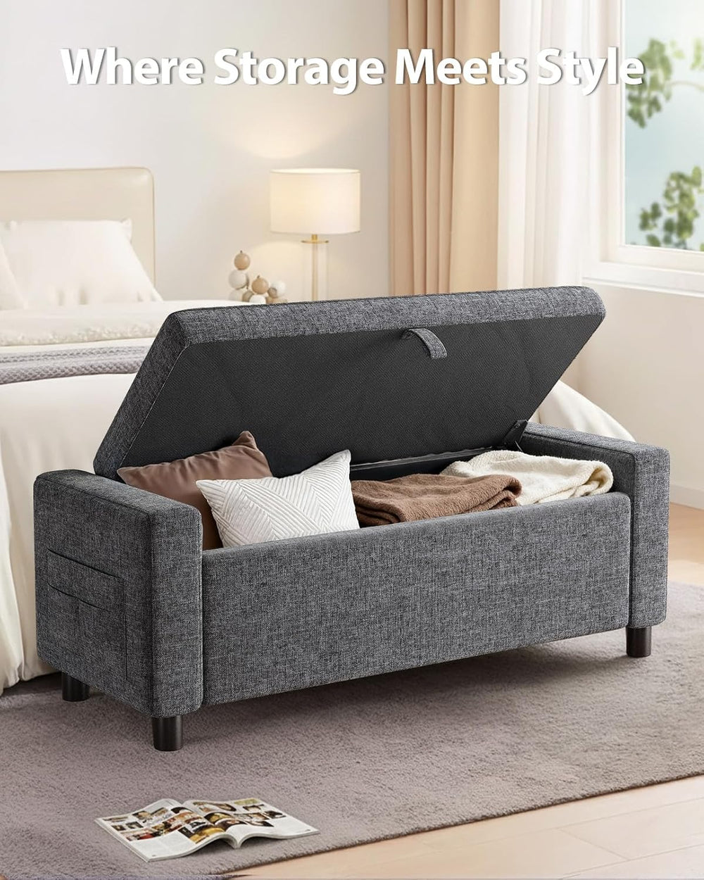 Amada 46" Storage Ottoman Bench, Side Pocket, Safety Hinge, Dark Gray | ...