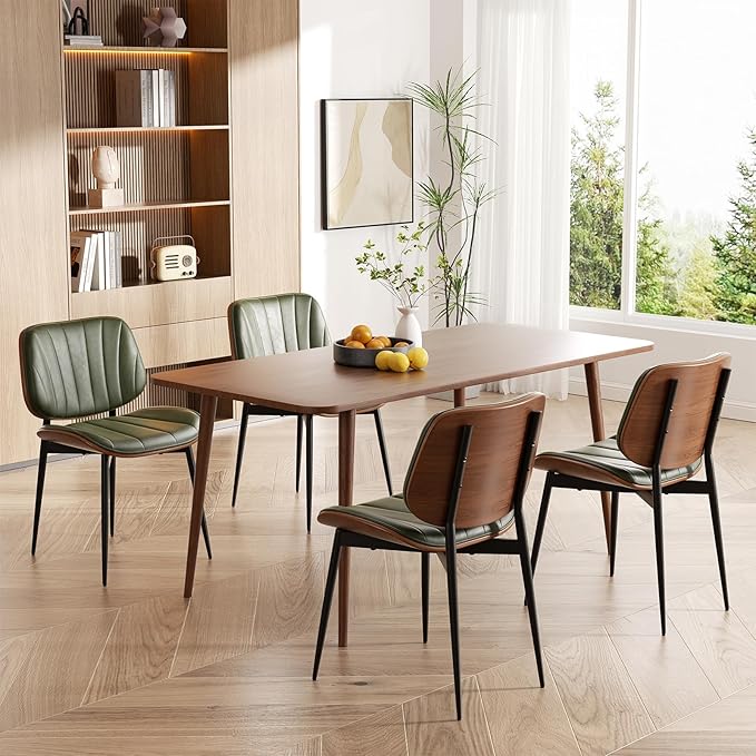 Dining Chairs Set of 6, Mid Century Modern Dining Room Chair, Upholstered Faux Leather Kitchen Chairs with Walnut Bentwood Back and Metal Legs for Kitchen Dining Room Living Room, Green