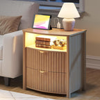 Dystler Fluted Night Stand with Gun Drawer & Card-Lock, 19.7" W Curved Nightstand with Charging Station and LED Lights, 2 Drawers Smart Bedside Table for Bedroom (1, Oak)