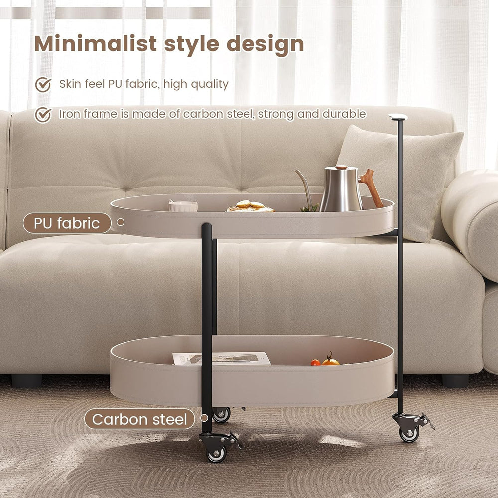 Oval End Table with Storage Shelves, 2-Tier PU Leather Tray Side Table with W...