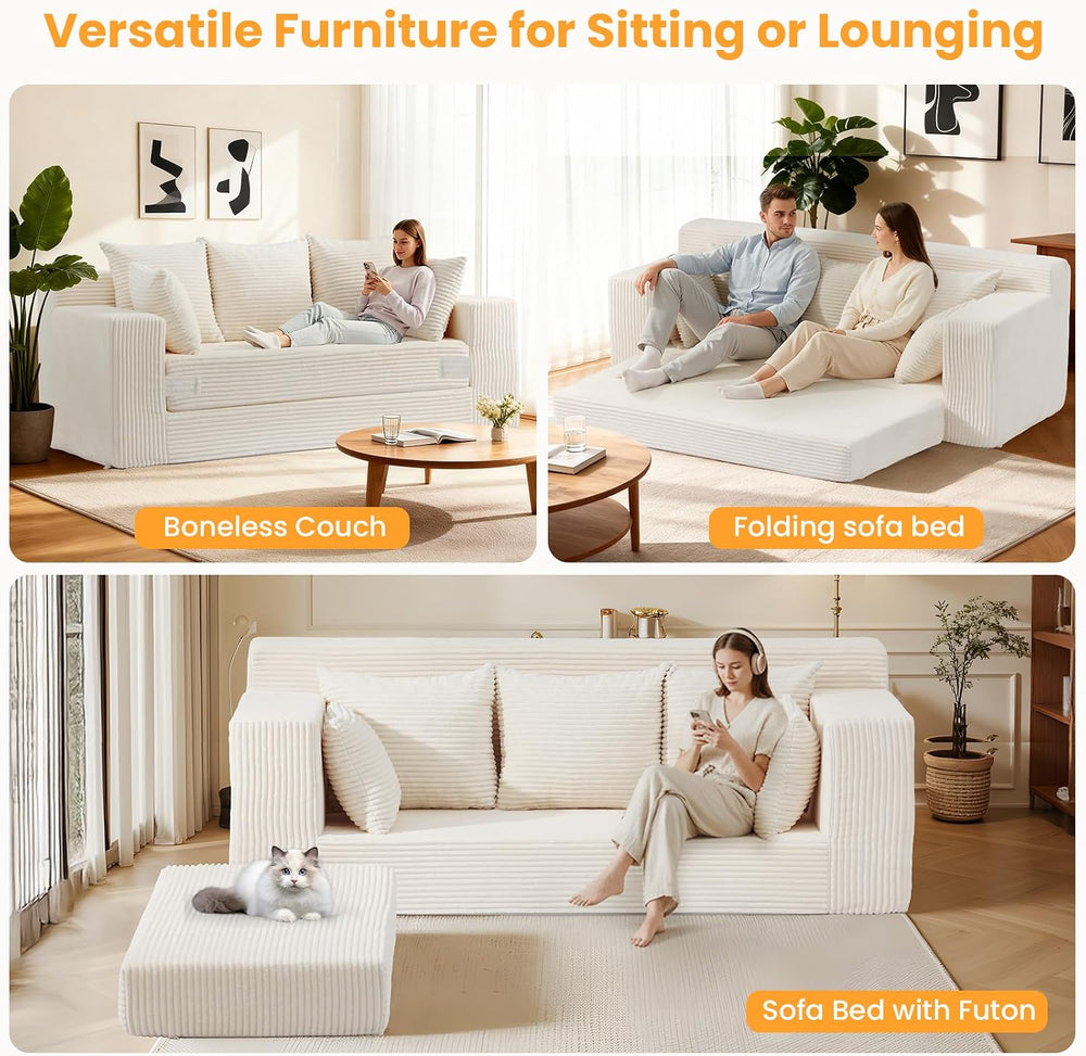 Couch 70 inch, 3 Seater Couch with Pull Out Bed, Loveseat Oversize Beige Futo...