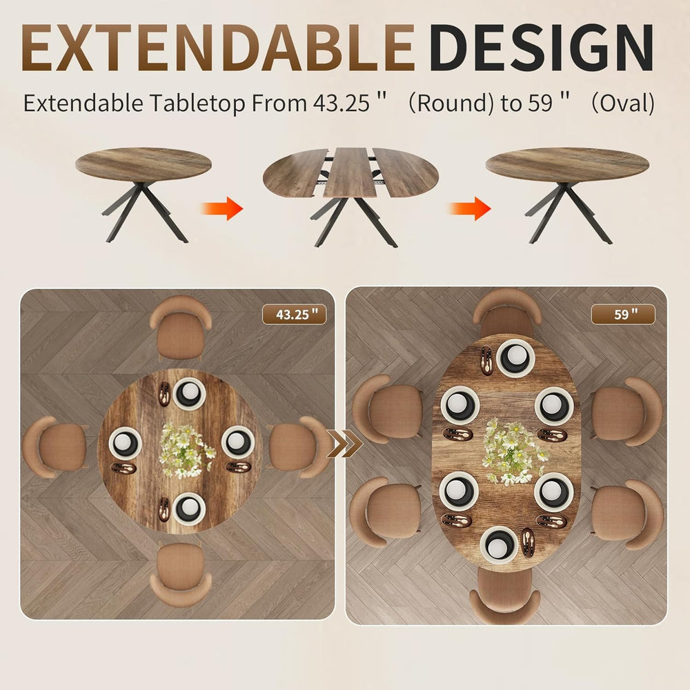 59-Inch Extendable Round Dining Table for Dining Room, 4-6 People Large Expan...