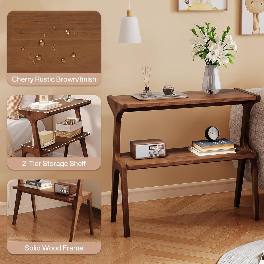 Solid Wood End Table, 2-Tier Side Table with Storage Shelf, Wooden Modern Acc...