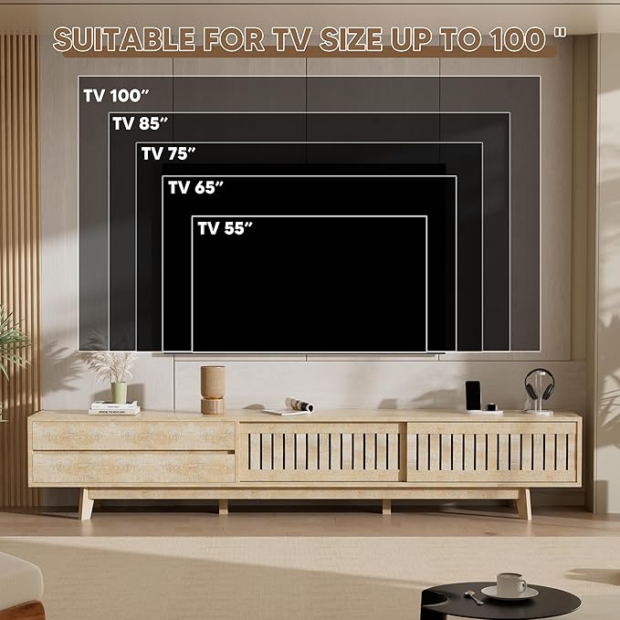 Mid Century Modern TV Stand for 100 Inch TVs, 94.5" Entertainment Center with Storage & Power Outlet, Media Console w/Drawers and Sliding Door, Television Stand for Living Room, Natural