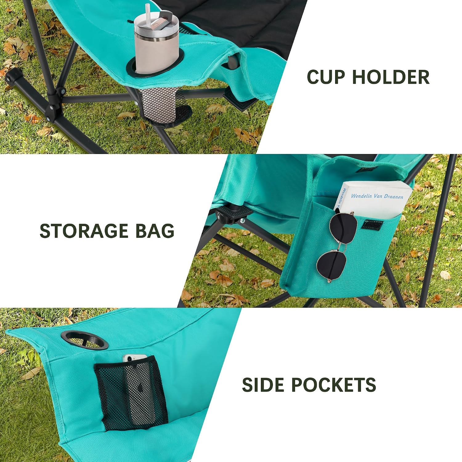 Unisakey Oversized Rocking Camping Chair with Headrest & Cup Holder - 300lbs Capacity, 600D Oxford Fabric, Easy Fold Portable Outdoor Rocker Chair for Camping, Backyard, Beach, Blackgreen