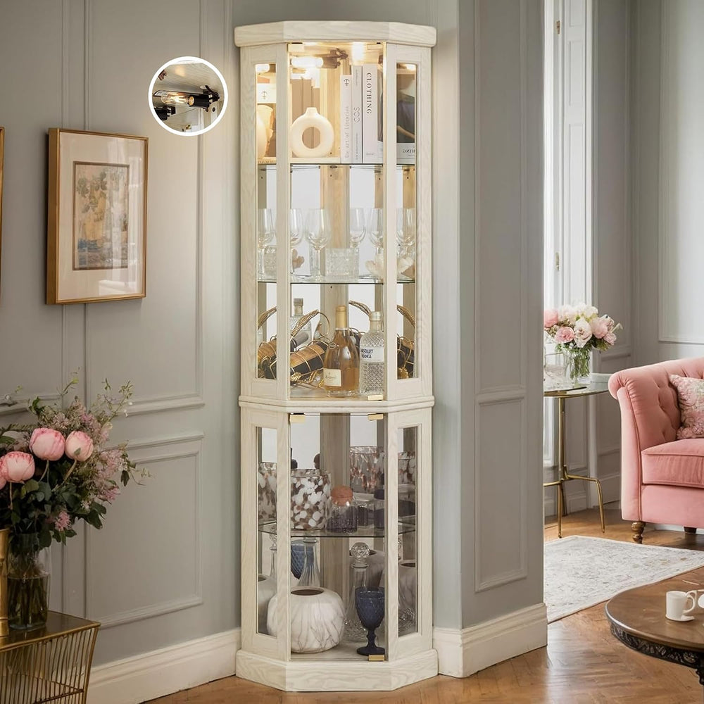Corner Curio Cabinet, 70" H Lighted Glass Display Cage with Tempered Gla...