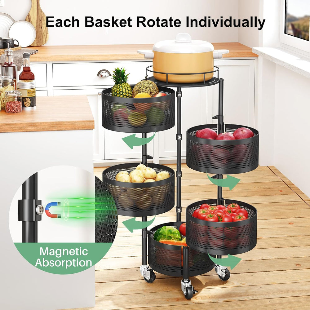 SAYZH 5 Tier Fruit Vegetable Basket Stand for Kitchen, Rotating, Black | Roll...