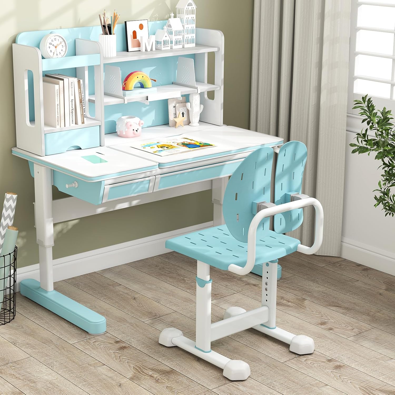 HONEY JOY Kids Desk Chair, Children Study Chair with Adjustable Height/Foot Pads, Adaptive Double Backrest, Kids Computer Chair for Teens Girls Boys, Home, School, Office (Blue)