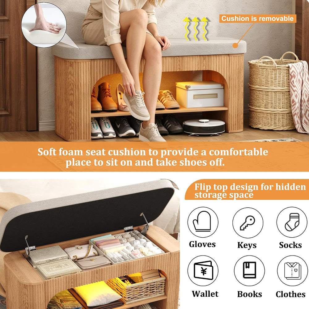HOMEFORT 40.2" Fluted Storage Bench with Built-in LED Light, Flip-Top Sh...