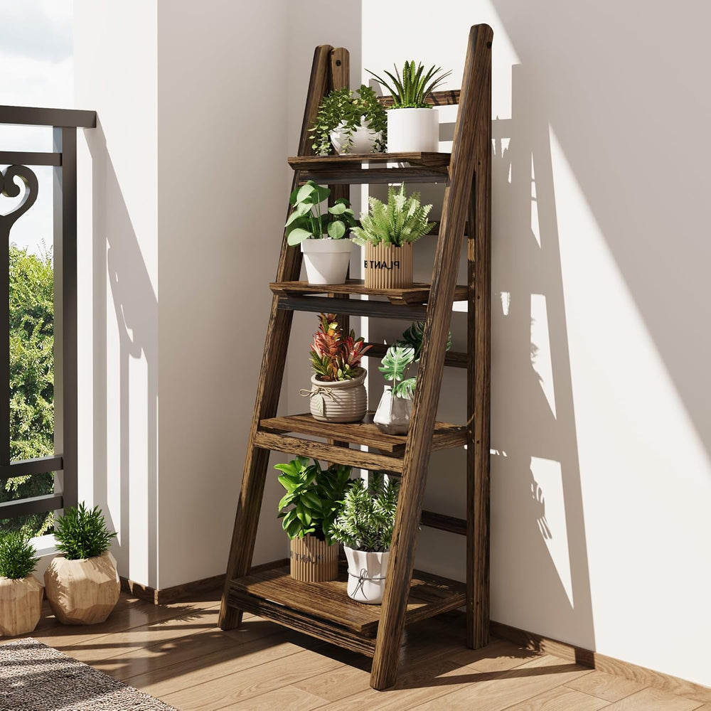 Ladder Shelves - Folding Wooden Ladder Bookshelf, 4-Tier Retro Plant Stand St...