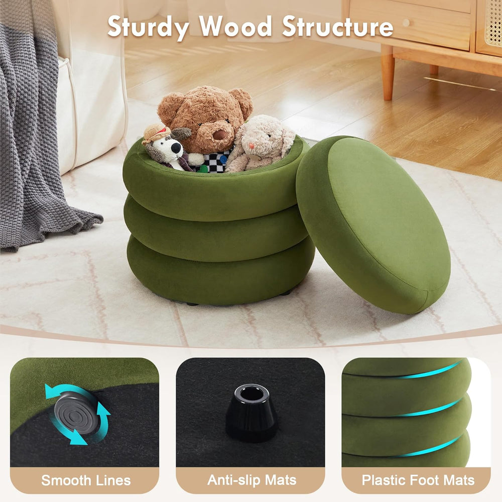 Velvet Storage Ottoman Set of 2, Compact Round Tufted Pair with Removable Lid...