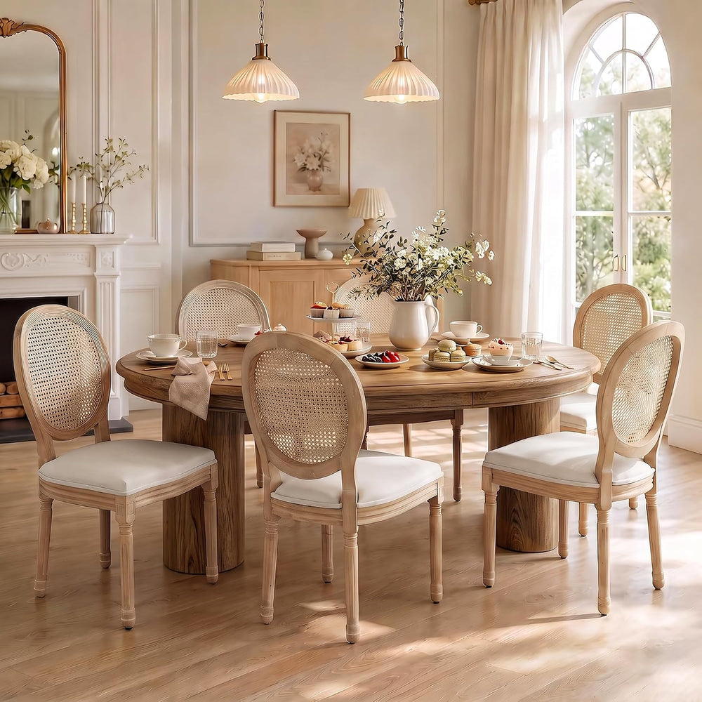 French Country Dining Chairs, Beige Rattan, Set of 6
