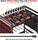 JUNNUJ Garage Large Power Tool Organizer Cart with 20A Charing Station, Heavy Duty Drill and Tools Battery Holder Storage Rack, Floor Standing Rolling Tool Cart on Wheels, Red