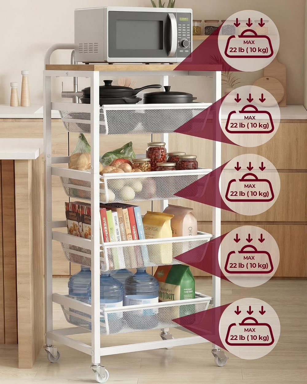 VASAGLE Storage Rolling Cart with Pull-Out Baskets, 5-Tier Utility Cart Orgni...
