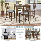 KEIKI 5-Piece Counter Height Dining Table Set with Square Table and 4 Upholstered Slatted Backrset Chair, for 4 Person, Modern Style Wooden Table Set, Easy Assembly, for Kitchen, Dining Room, Walnut