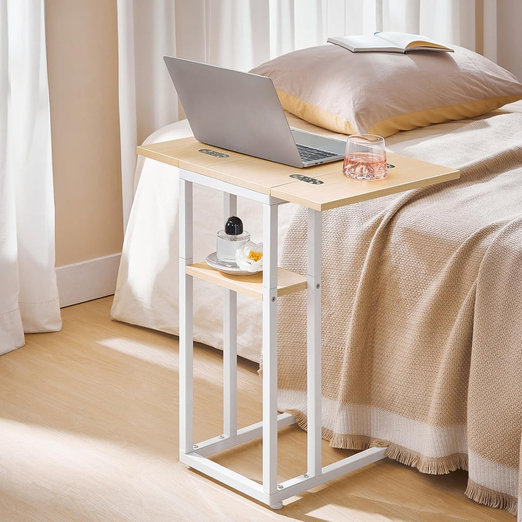 HOOBRO Foldable C Shaped End Table, C Shaped Side Table with Storage Shelf, Small Snack Table, Slide Under Couch Table for Sofa, Living Room Bedroom Small Spaces Easy Assembly, Natural WN29SF01