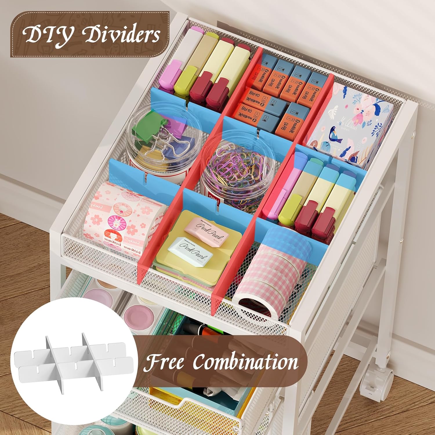 Rolling Utility Cart with 3 Drawers, Craft Organizer and Storage with DIY Divider, Lockable Wheels, Multi-Functional Storage for Art Supplies, Store for Brushes & Paints & Artifacts,White
