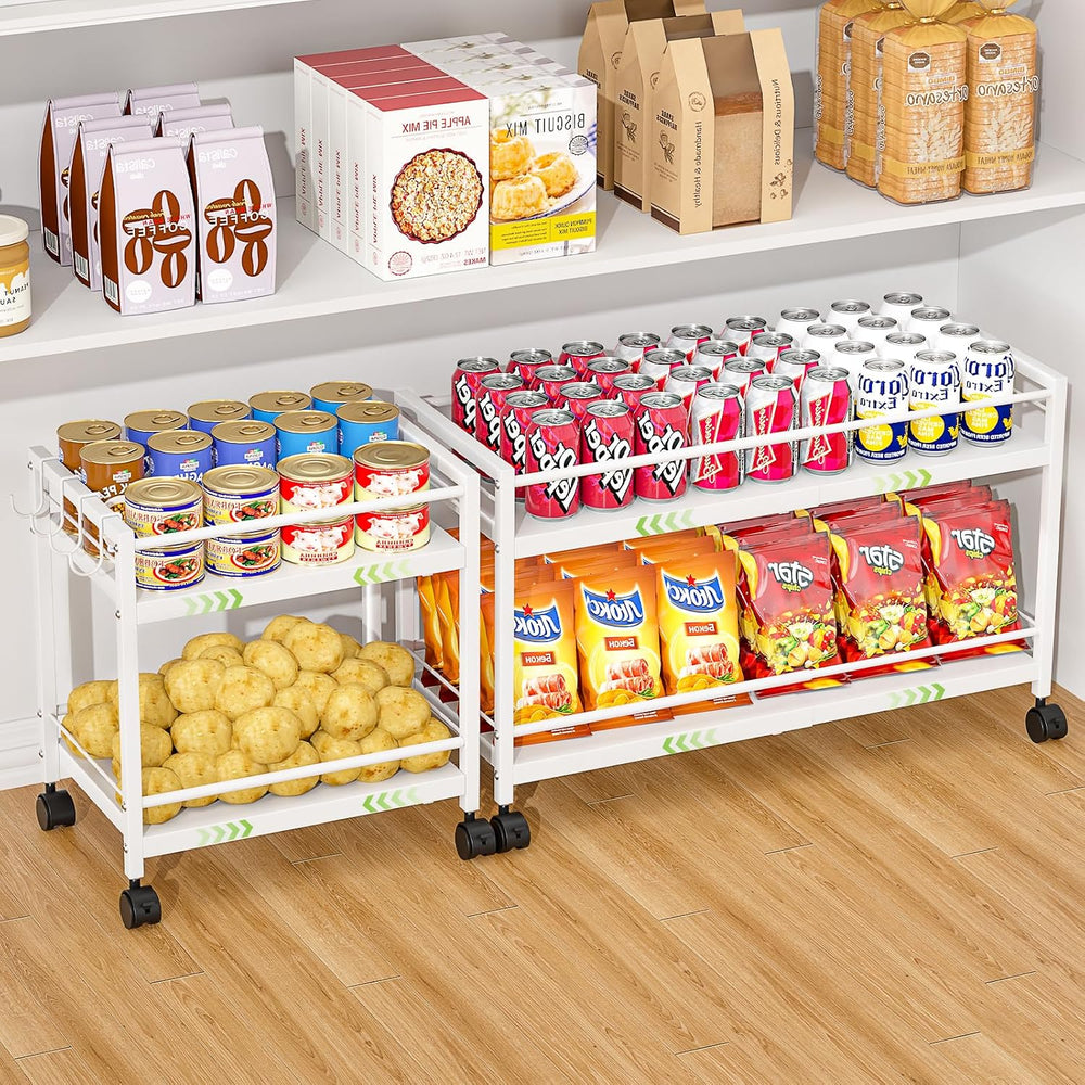 1 Pack 2-Tier Expandable Pantry Floor Organizer Cart, Rolling Pantry Storage ...