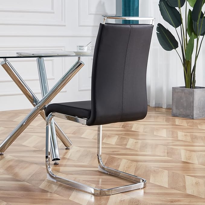 AZmac Modern Leather Dining Chairs Set of 6,Armless Kitchen Chairs,Dining Room Chairs with Upholstered Padded Seat and Sturdy Chrome Legs for Dining Room,Kitchen (Set of 6, Black+PU Leather)