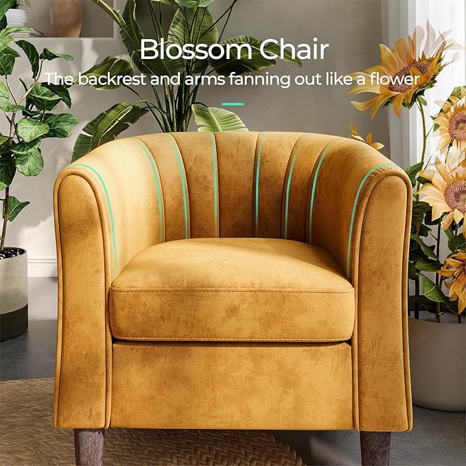LINSY Accent Chair with Ottoman, Modern Barrel Chair Small Armchair Reading Chair with Footrest, Comfy Round Arms Chair for Living Room Bedroom Reading Room, Velvet, Yellow