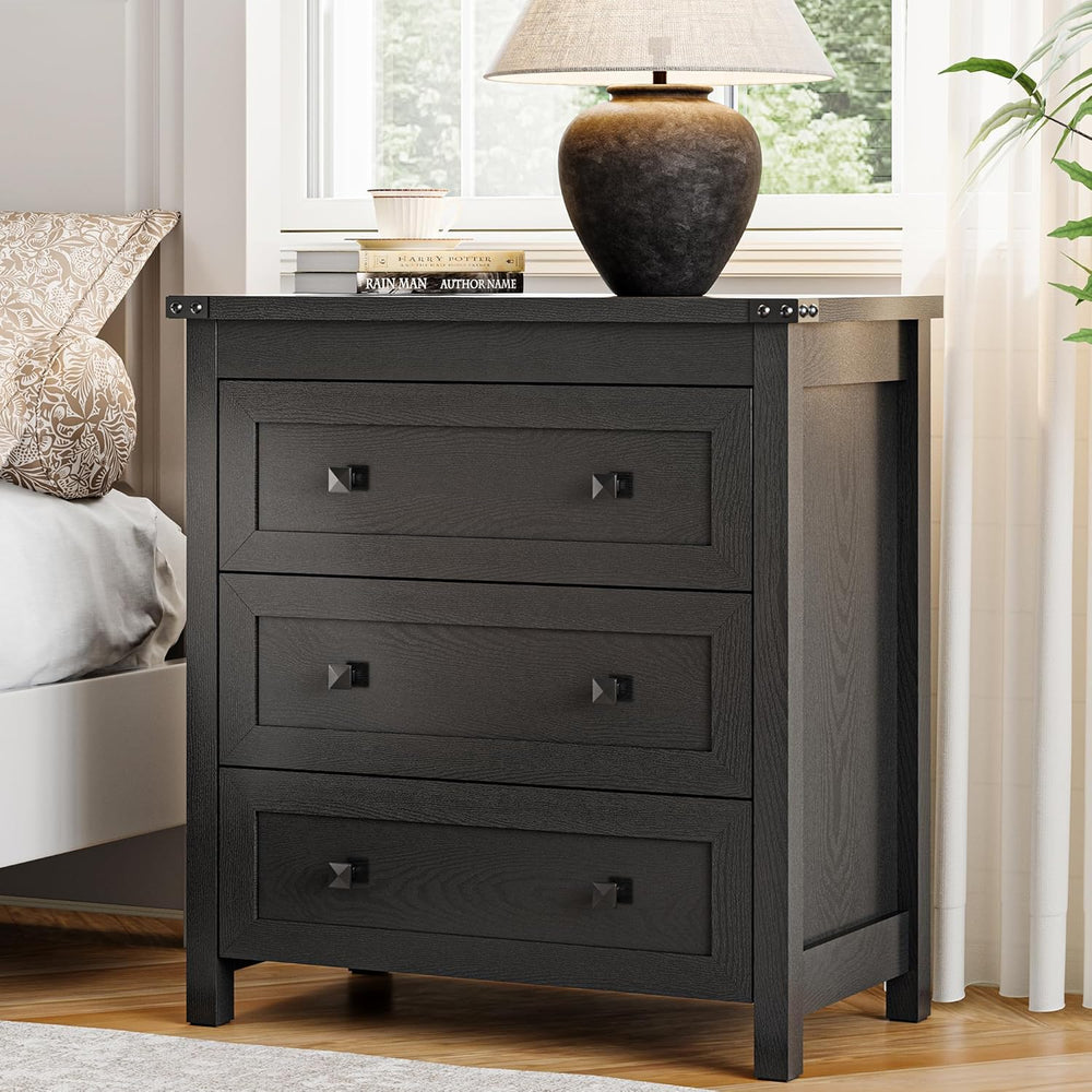 Xixini Farmhouse Nightstand with 3 Storage Drawers, 27.55" Wide Wood Bed...