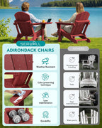 SERWALL Folding Adirondack Chair, 4 in 1 Cup Holder Wood Texture - Red | Outdoor Adirondack Chairs, Plastic Fire Pit Chair with Wood Texture, 4 in 1 Tray, Lawn Chair, Backyard Patio Seating