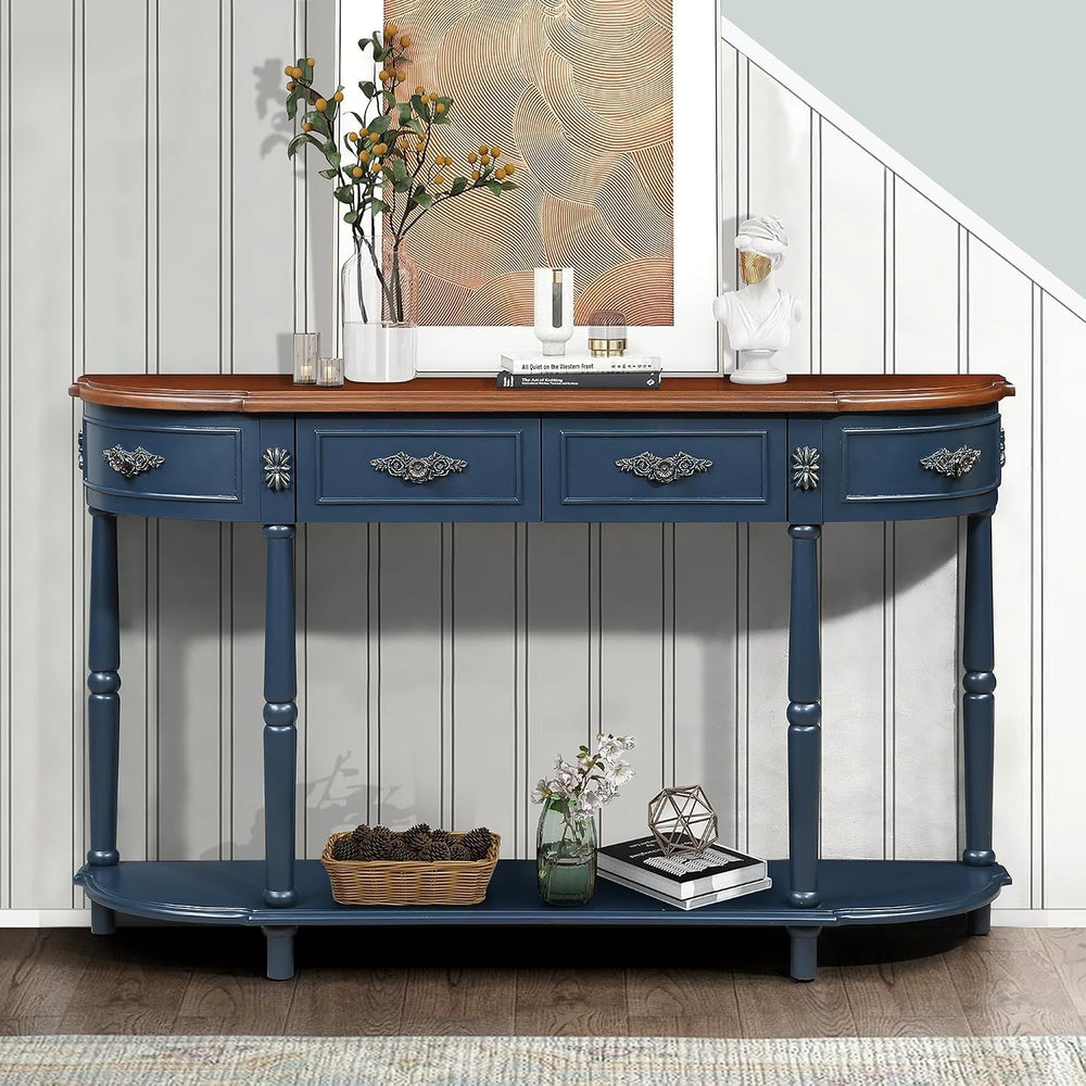 P PURLOVE Curved Console Table with 2 Drawers, Retro Sofa Table with Solid Wo...