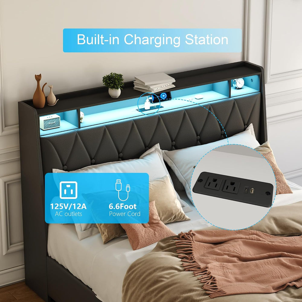 Peanu Full Bed Frame, Ergonomic Headboard, LED Lighting Black