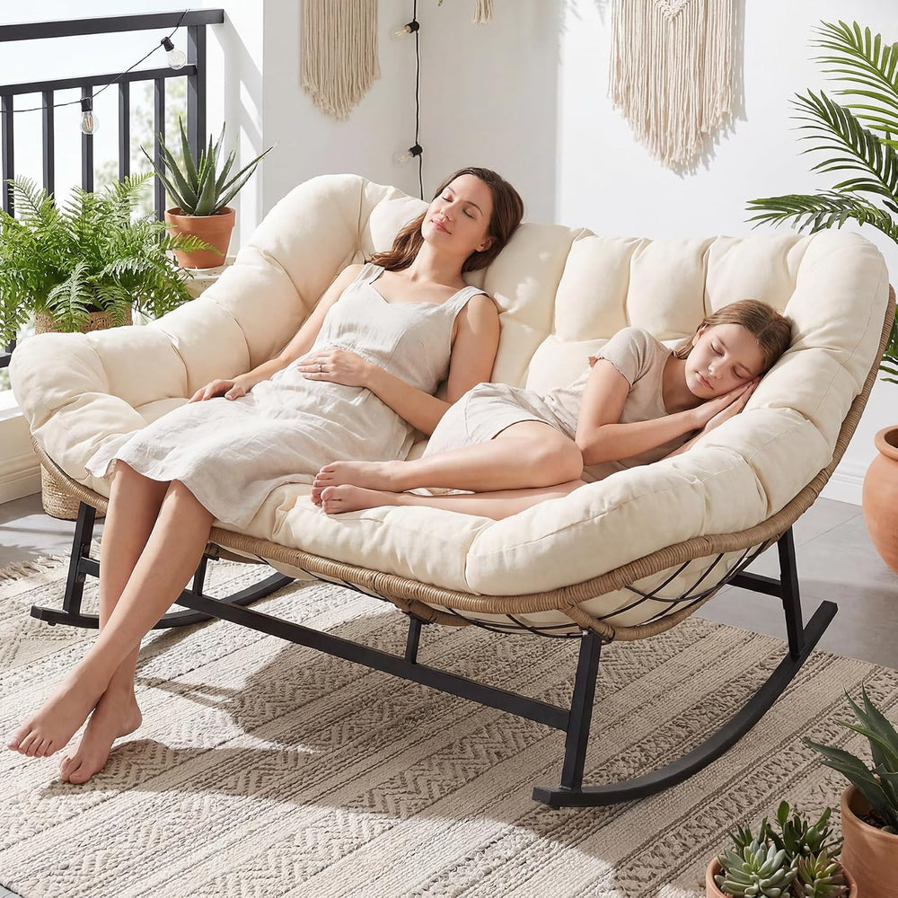 NICESOUL Oversized Double Rocking Papasan Chair with Thick Cushion, 2 Person ...